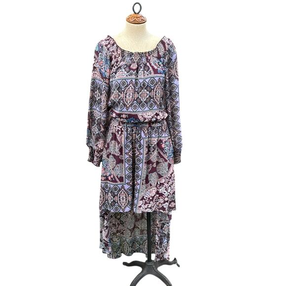 Fire Los Angeles Dress Women's Medium Purple Paisley Boho Peasant Hi Low Hem - Picture 1 of 12